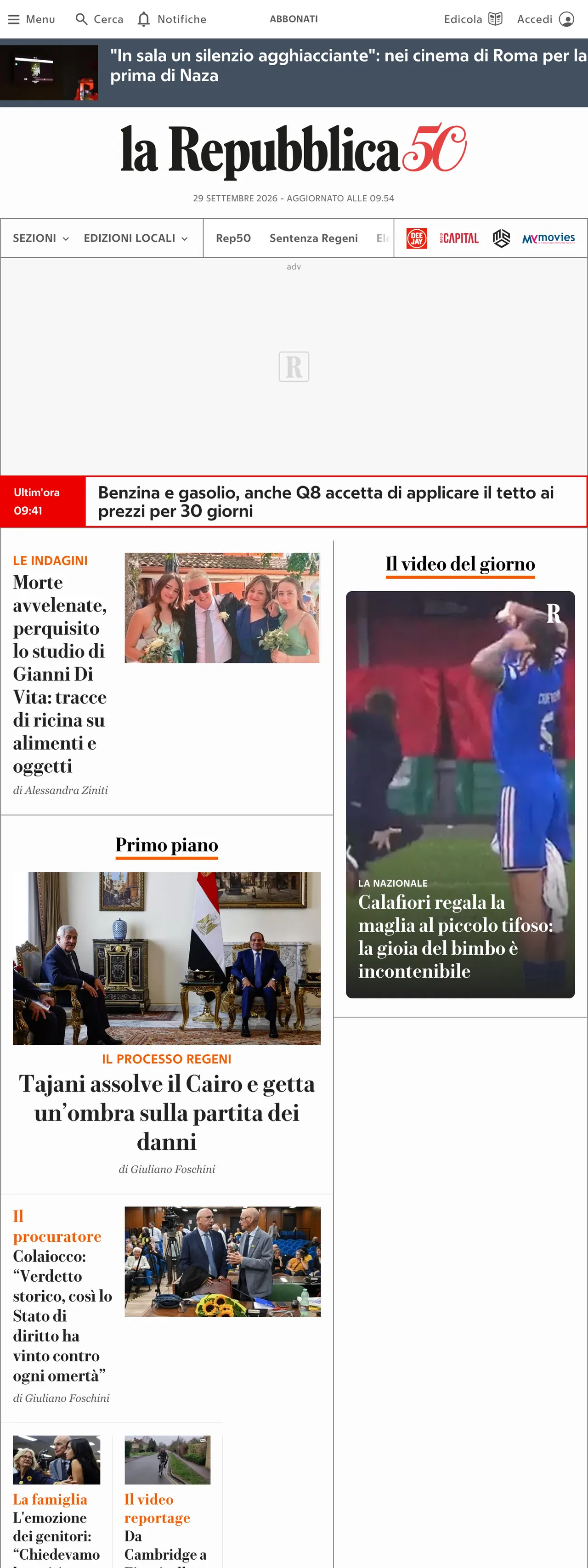 Screenshot of the la Repubblica front page