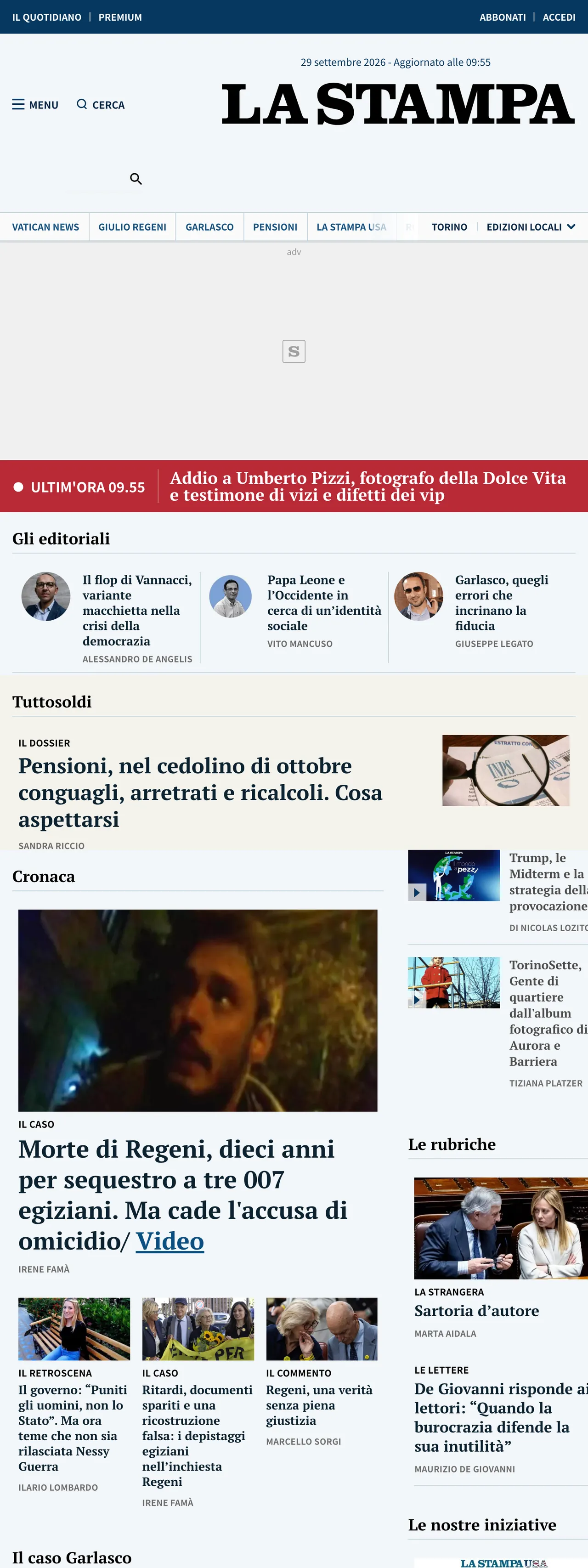 Screenshot of the La Stampa front page