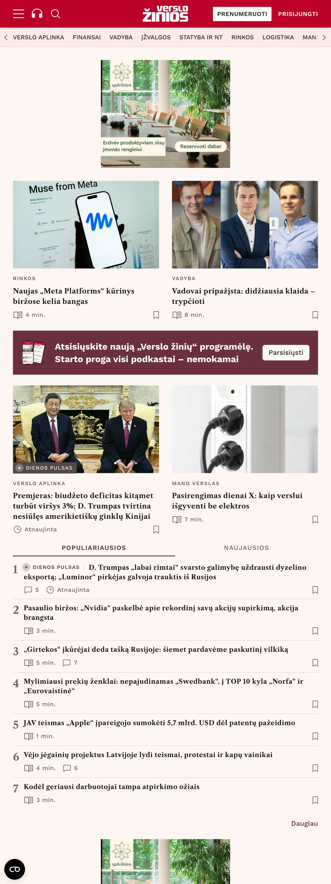 Screenshot of the Verslo žinios front page