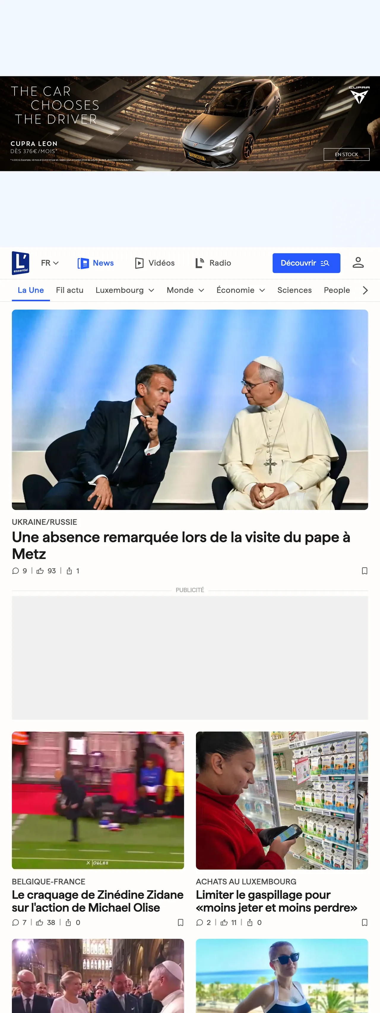 Screenshot of the L'essentiel front page