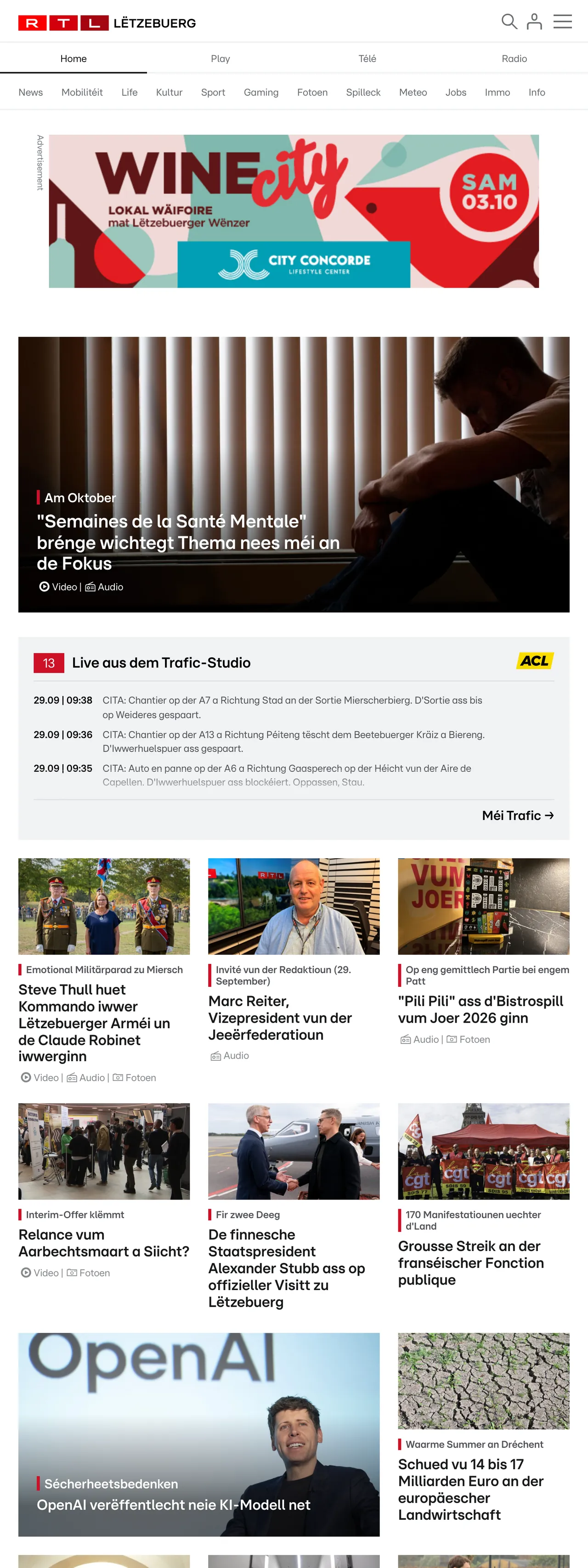 Screenshot of the RTL Lëtzebuerg front page
