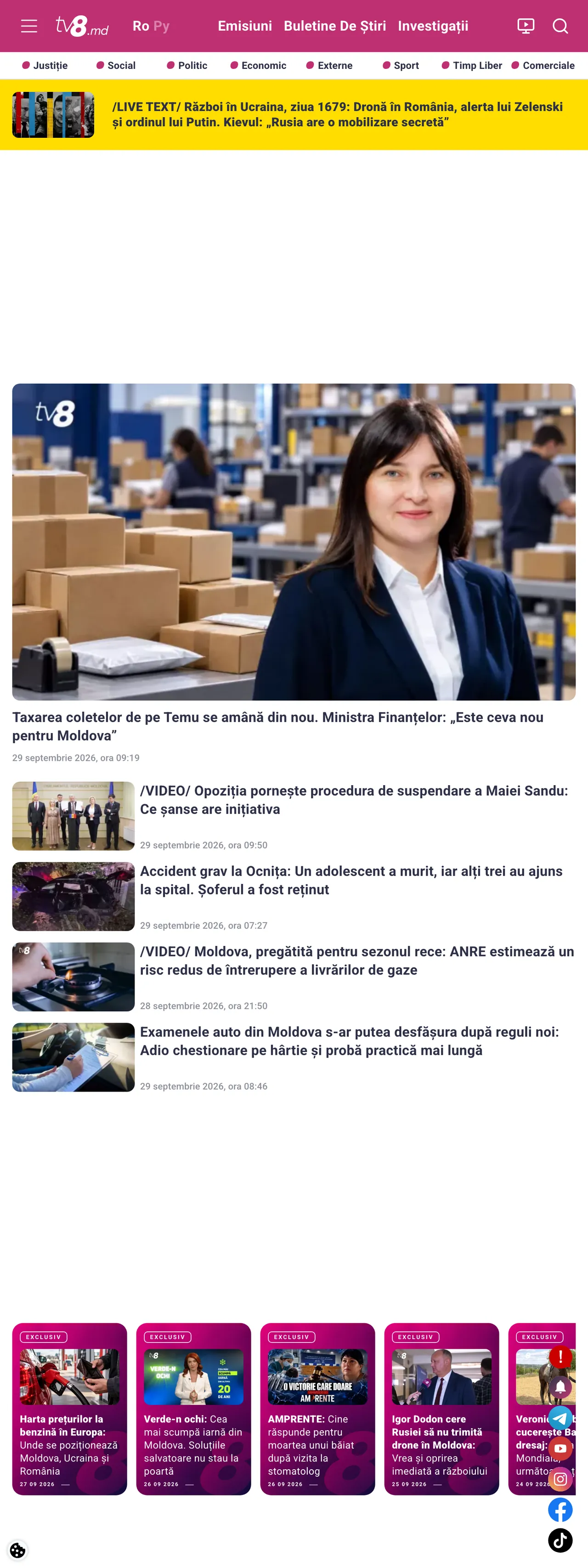 Screenshot of the TV8 front page