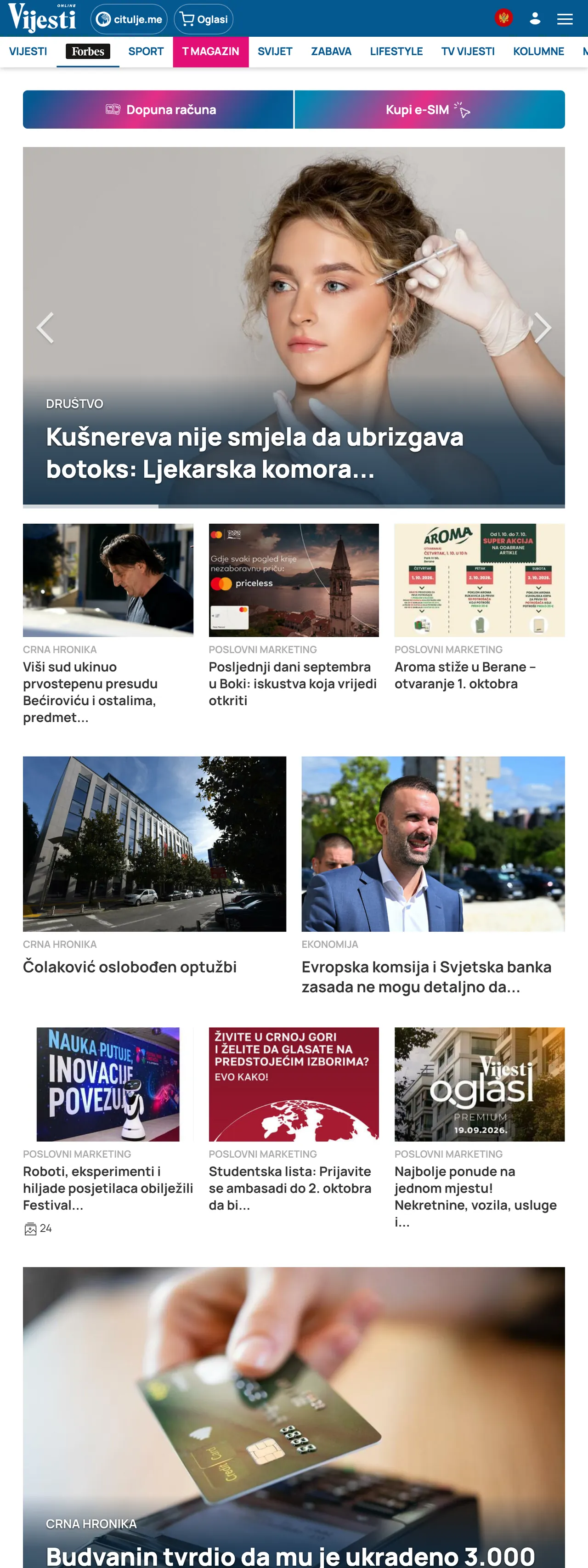 Screenshot of the Vijesti front page
