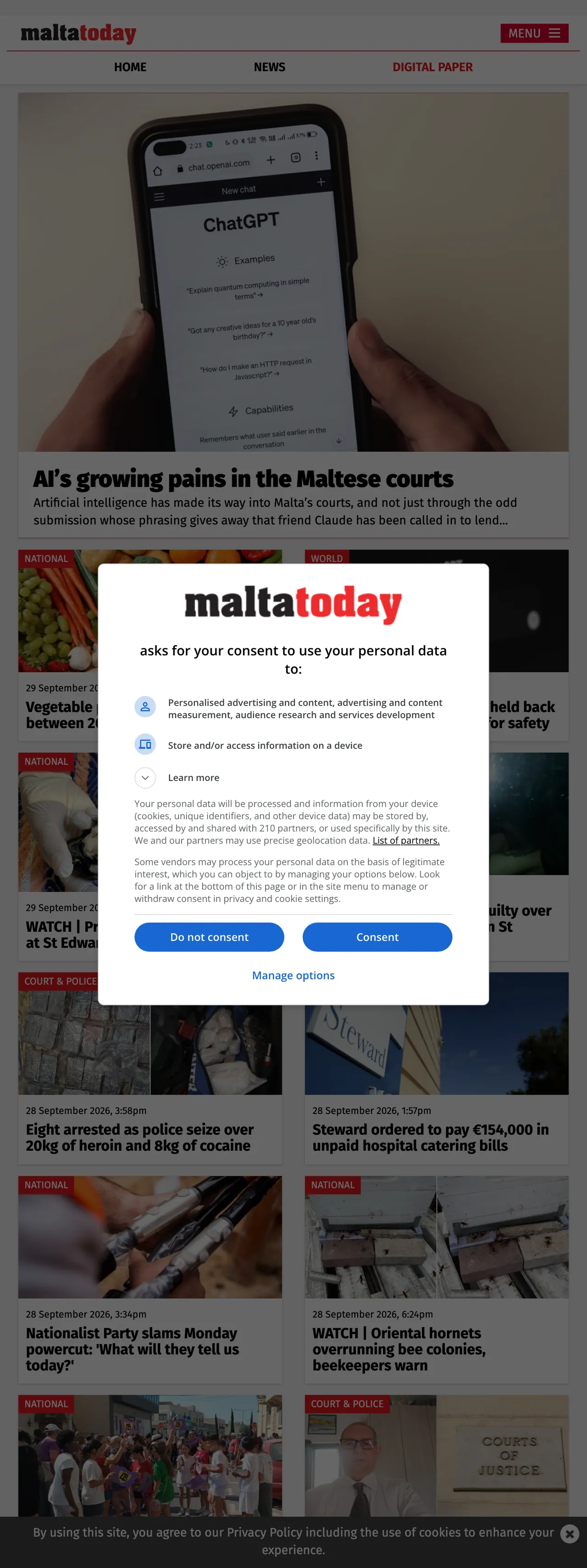 Screenshot of the Malta Today front page