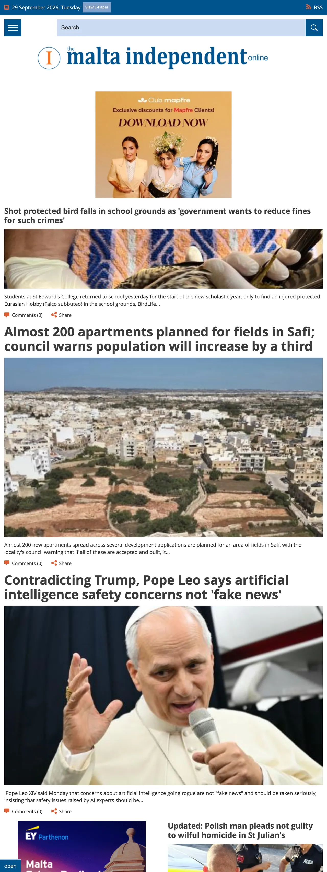 Screenshot of the The Malta Independent front page