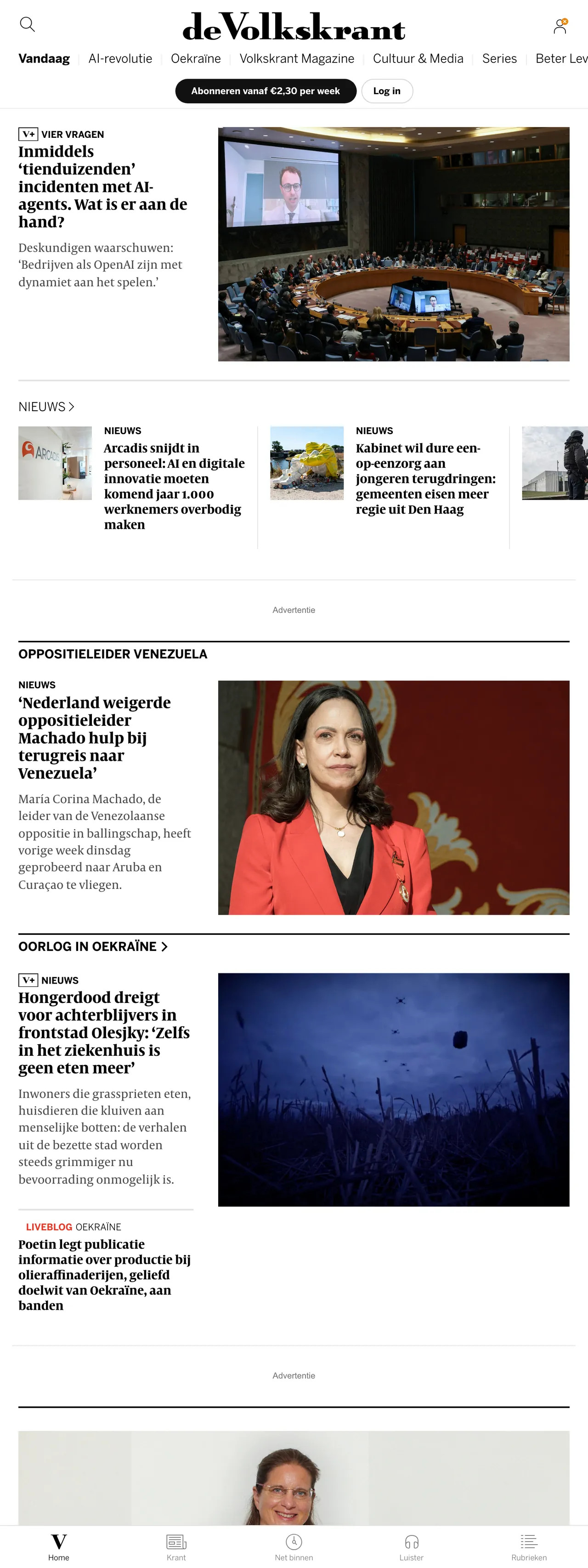 Screenshot of the de Volkskrant front page