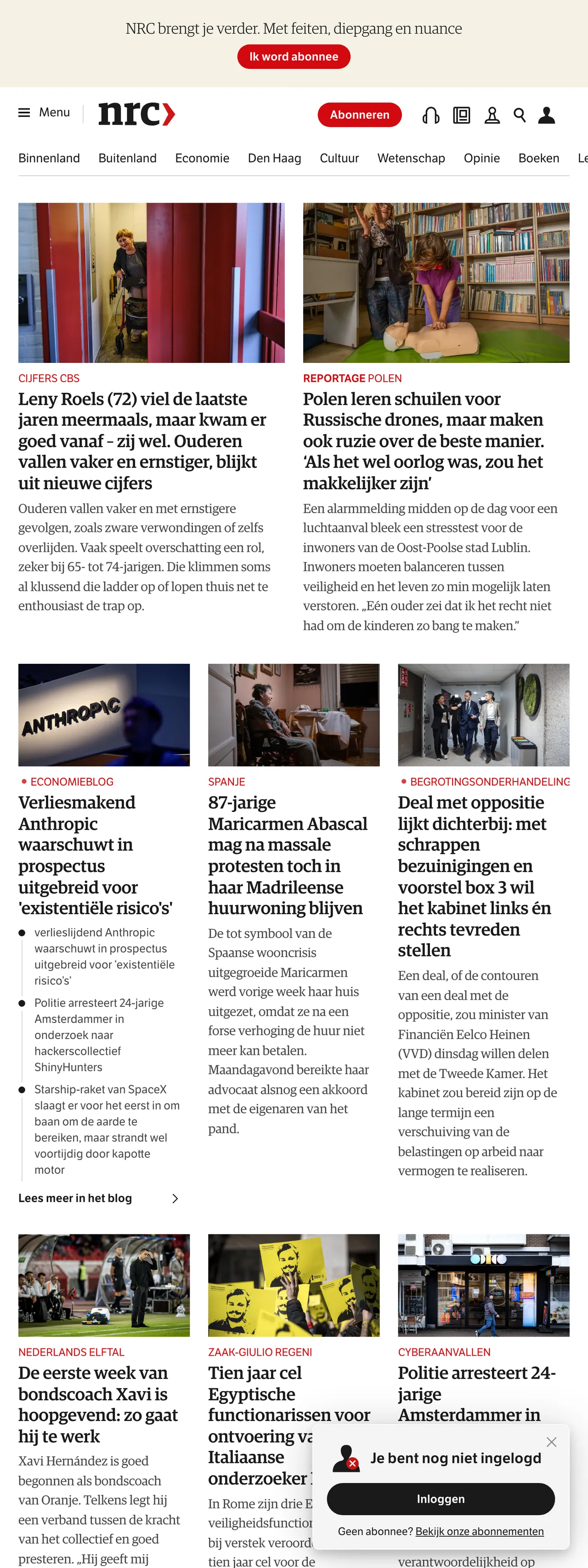 Screenshot of the NRC front page