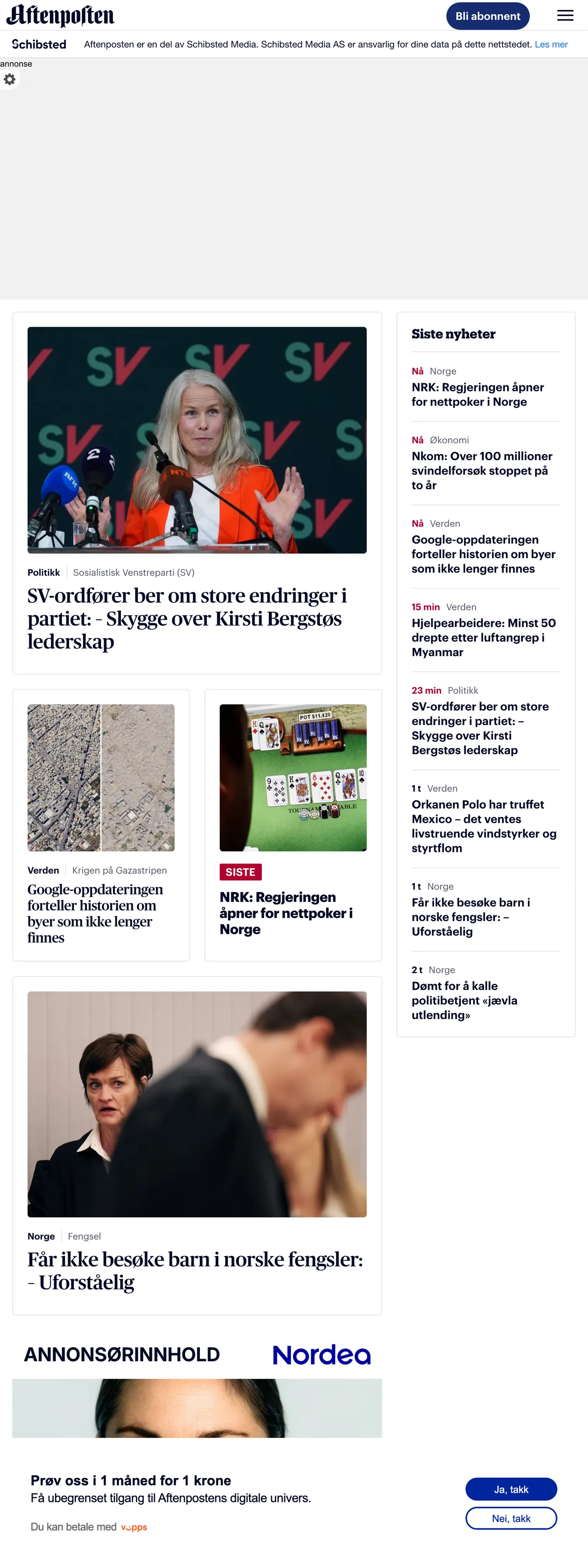 Screenshot of the Aftenposten front page