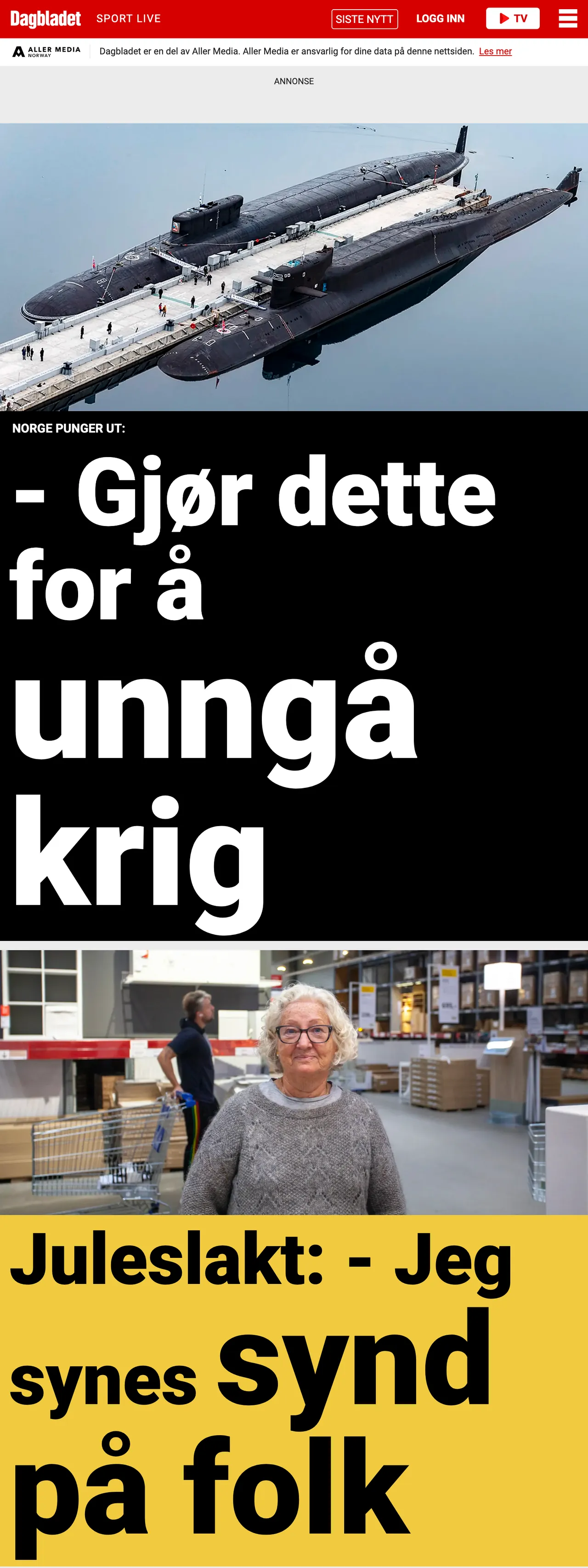 Screenshot of the Dagbladet front page