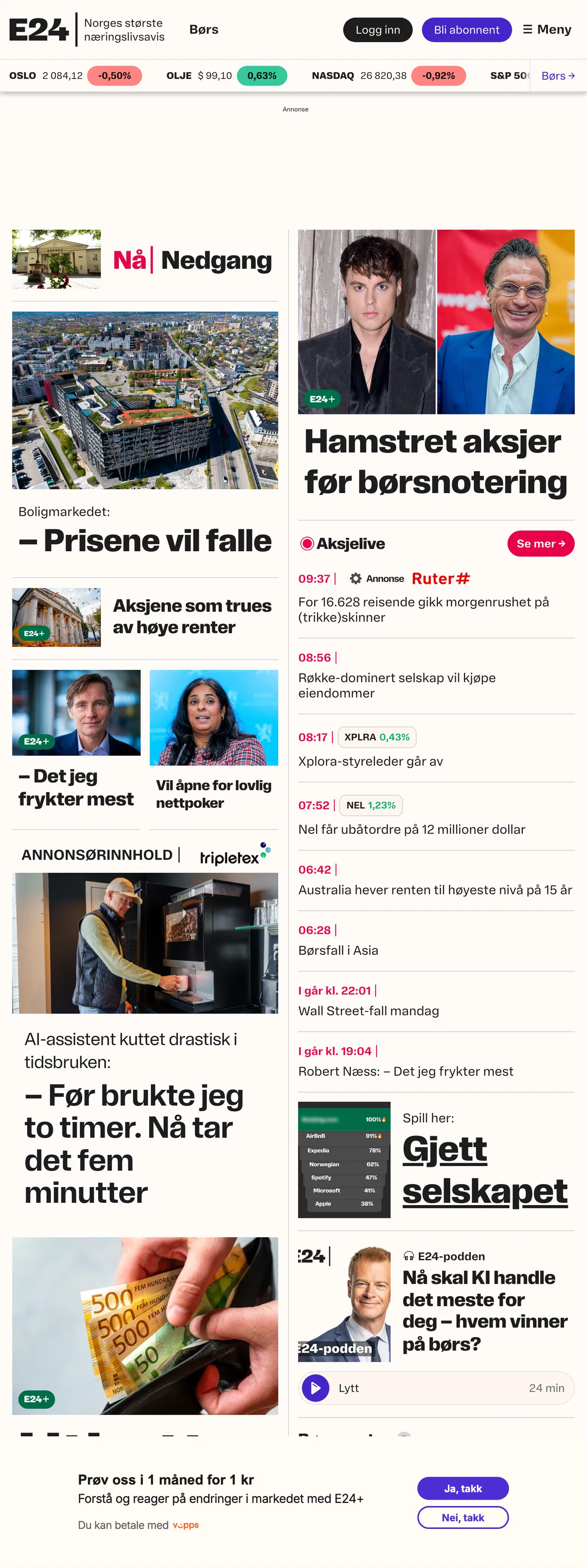 Screenshot of the E24 front page