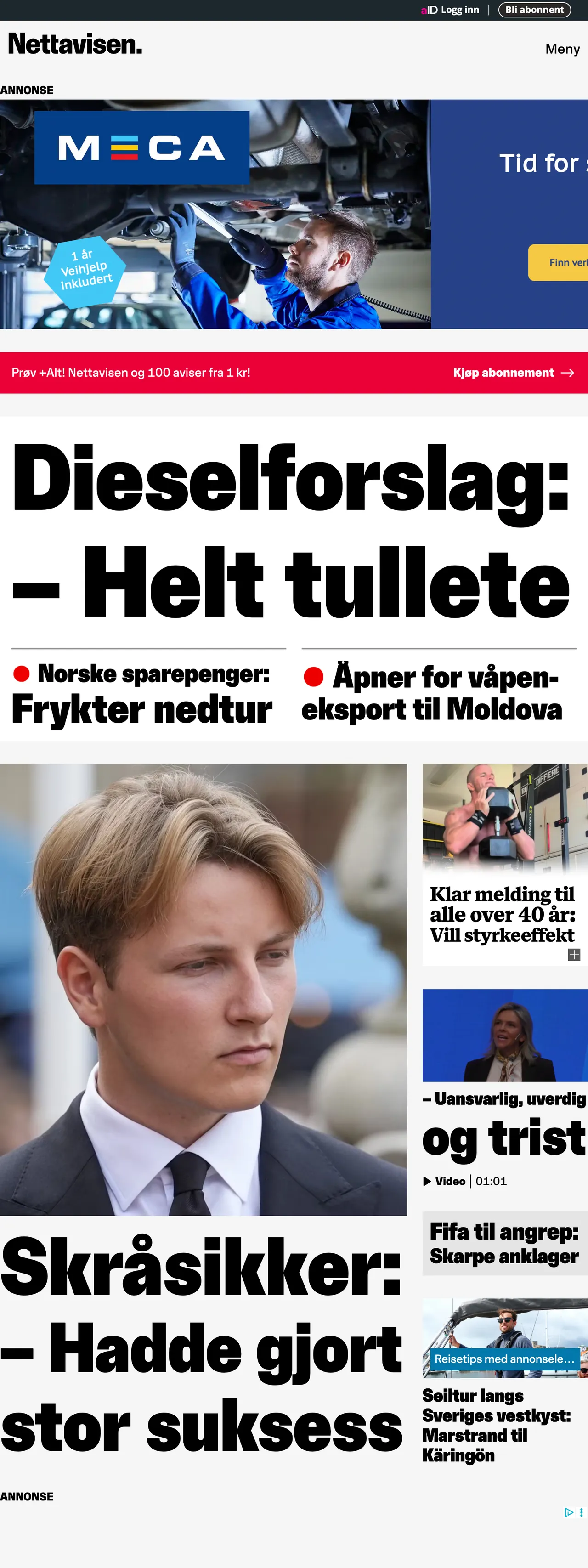 Screenshot of the Nettavisen front page