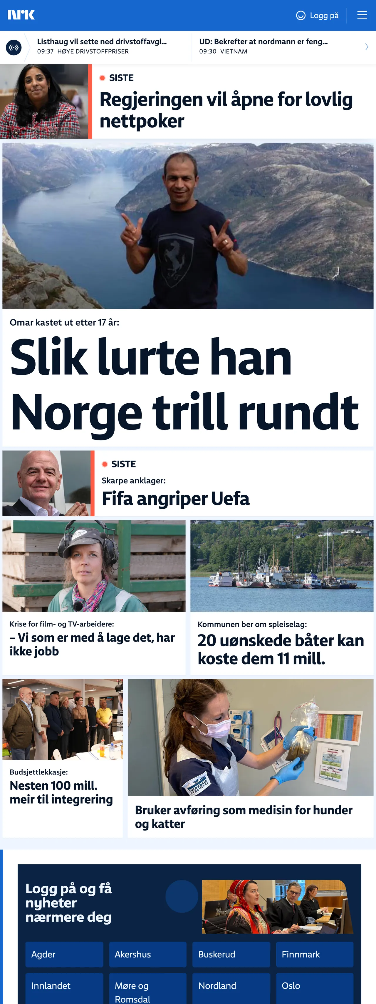Screenshot of the NRK front page