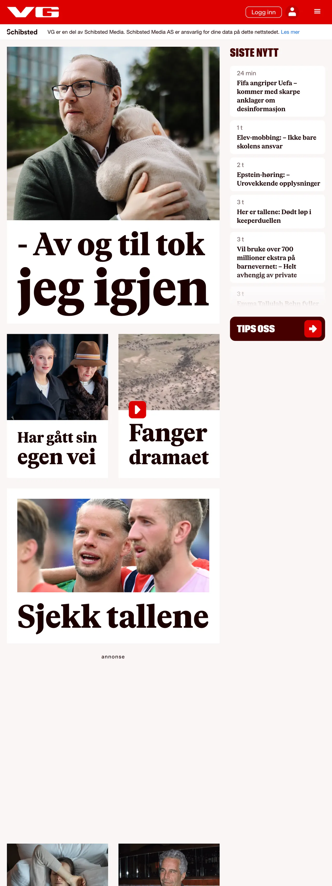 Screenshot of the VG front page