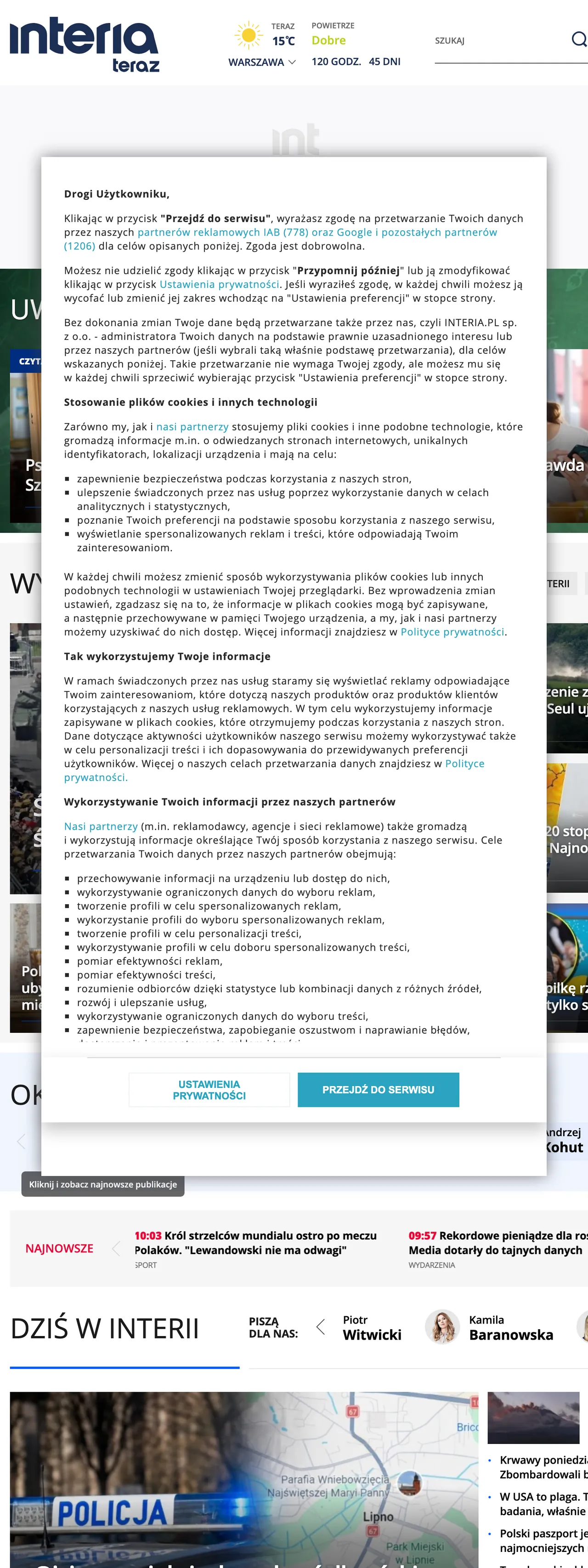 Screenshot of the Interia front page