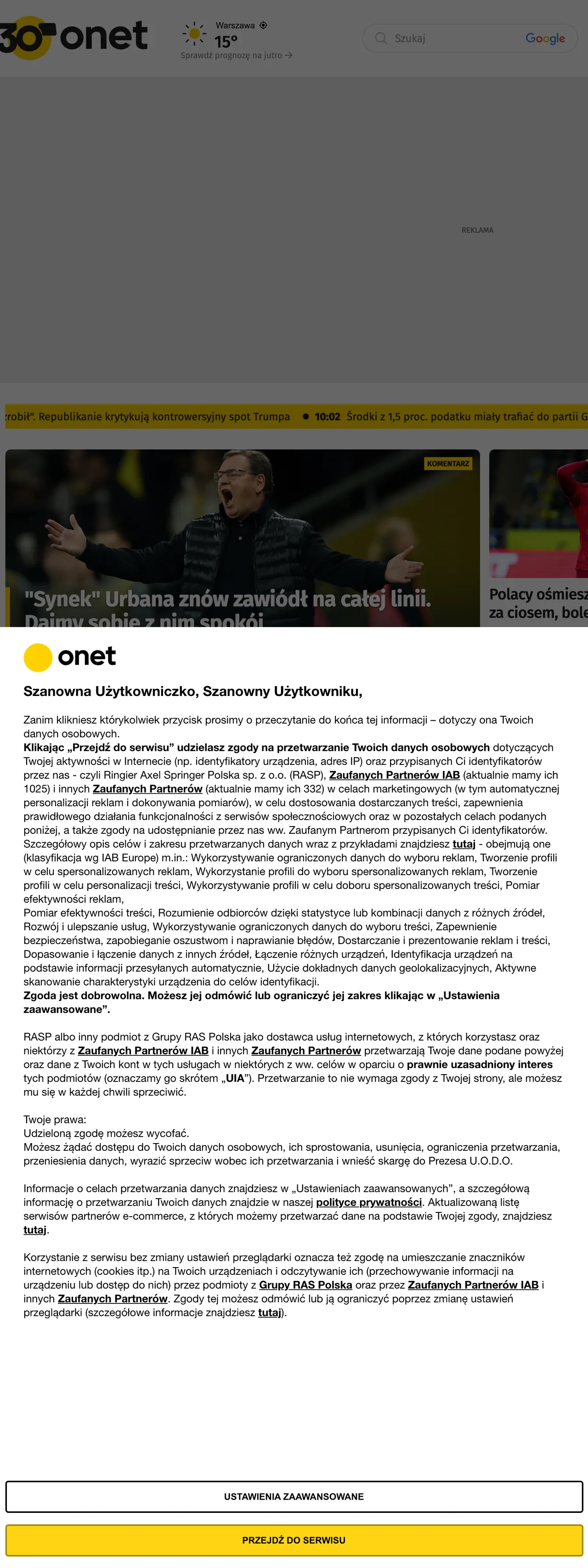 Screenshot of the Onet front page