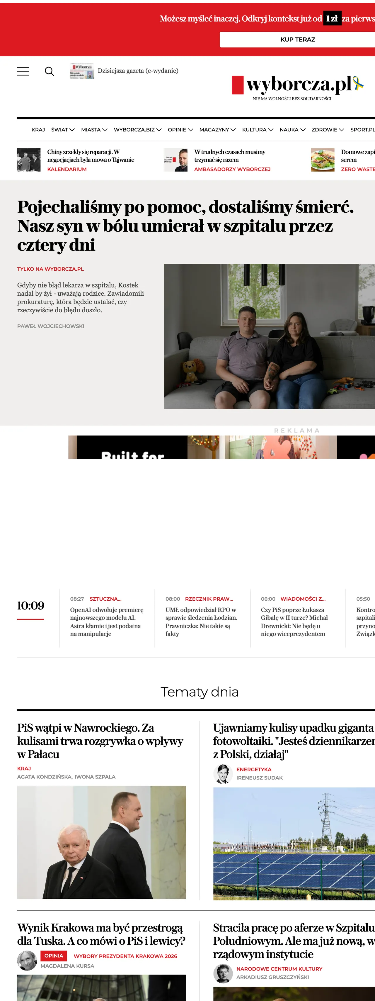 Screenshot of the Wyborcza front page