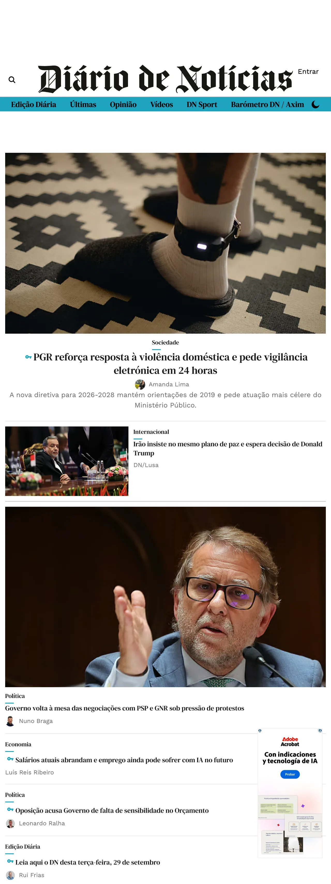 Screenshot of the Diário de Notícias front page