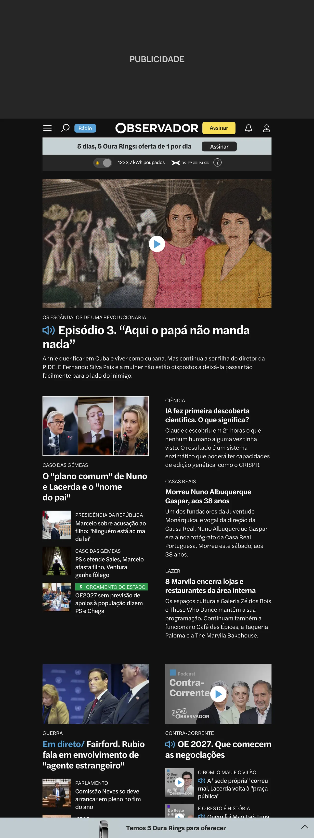 Screenshot of the Observador front page