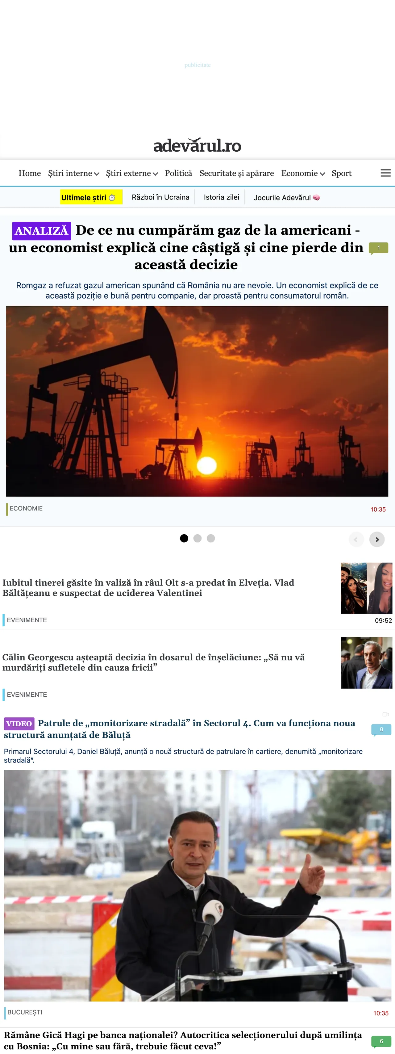 Screenshot of the Adevărul front page