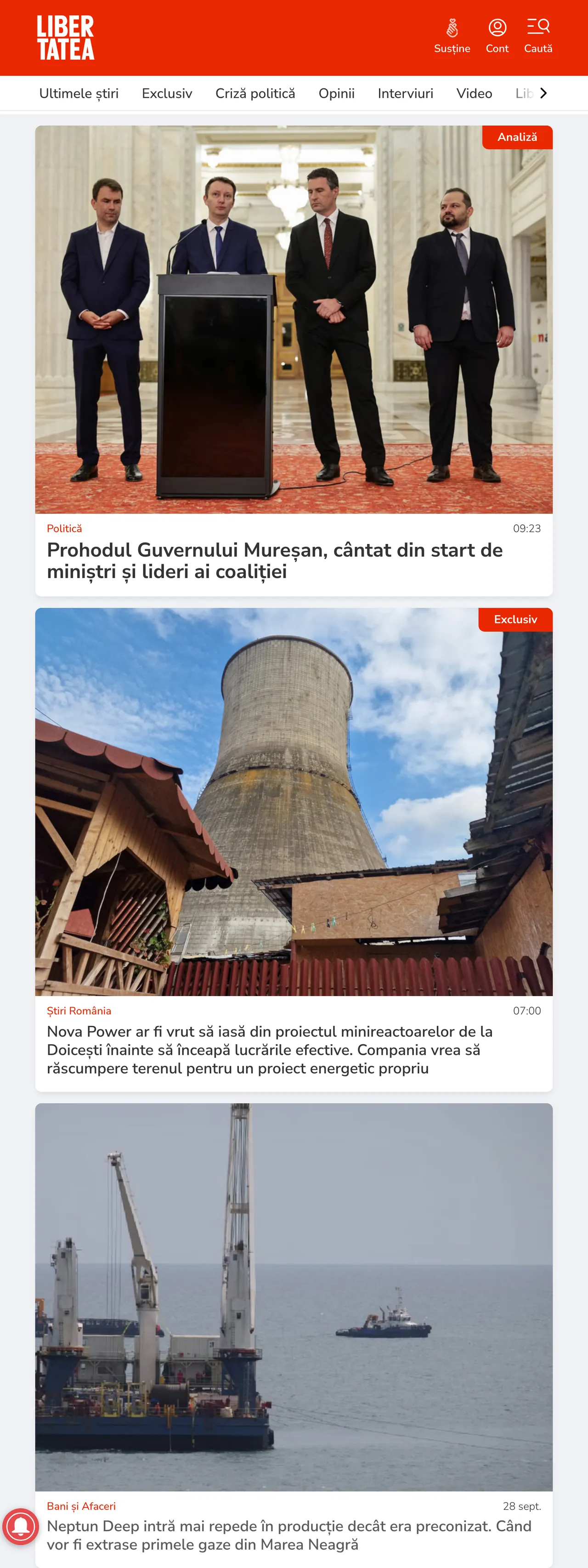 Screenshot of the Libertatea front page