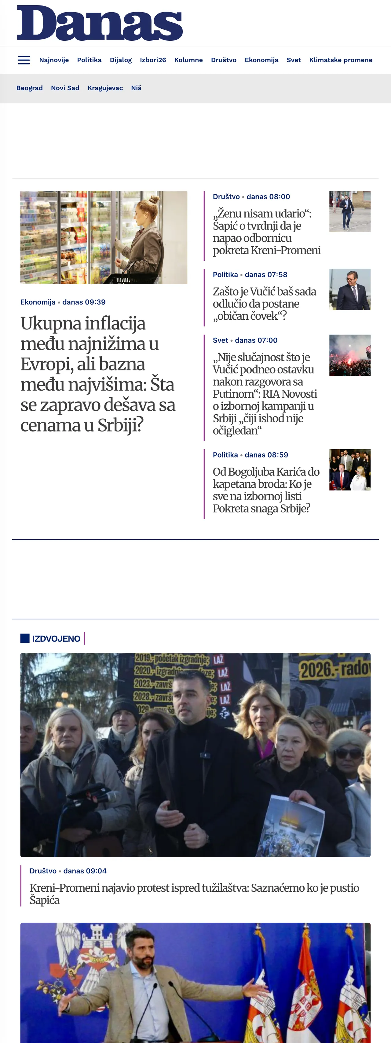 Screenshot of the Danas front page