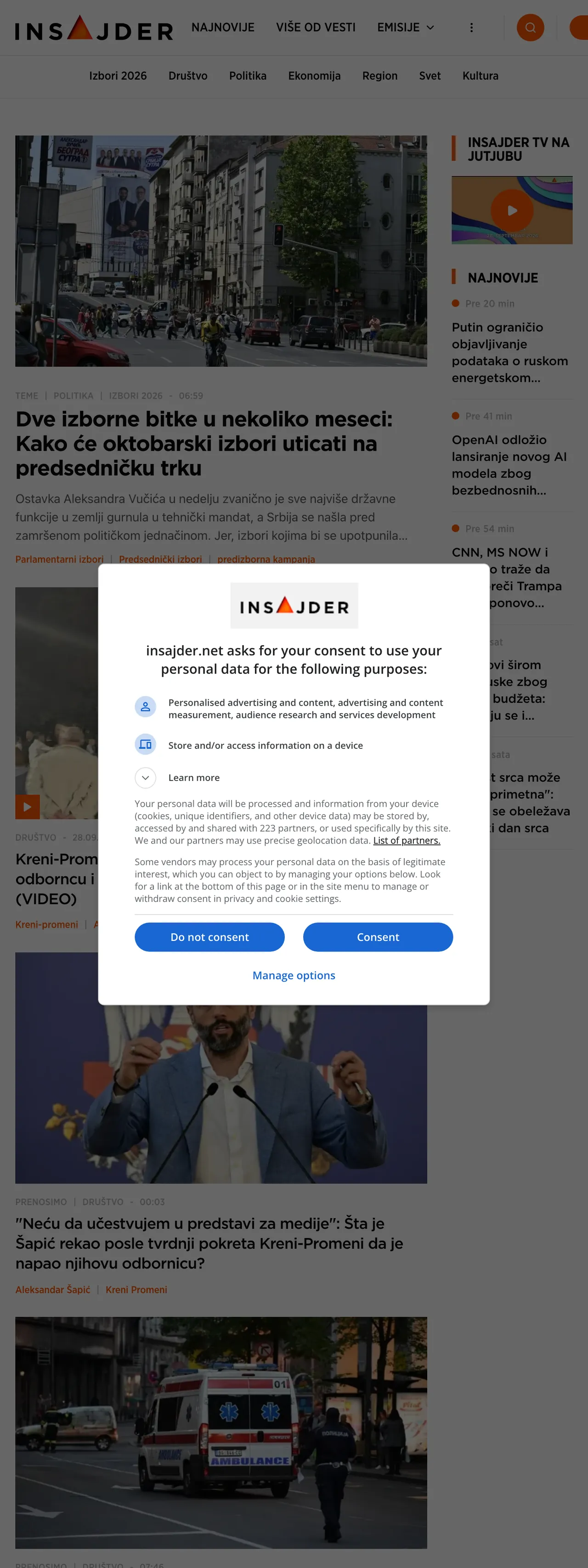Screenshot of the Insajder front page