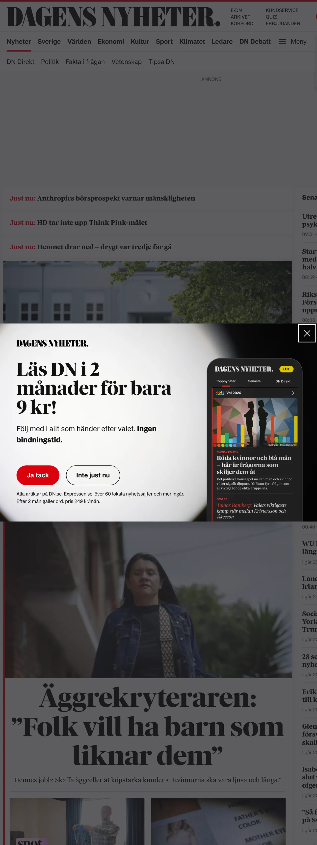 Screenshot of the Dagens Nyheter front page