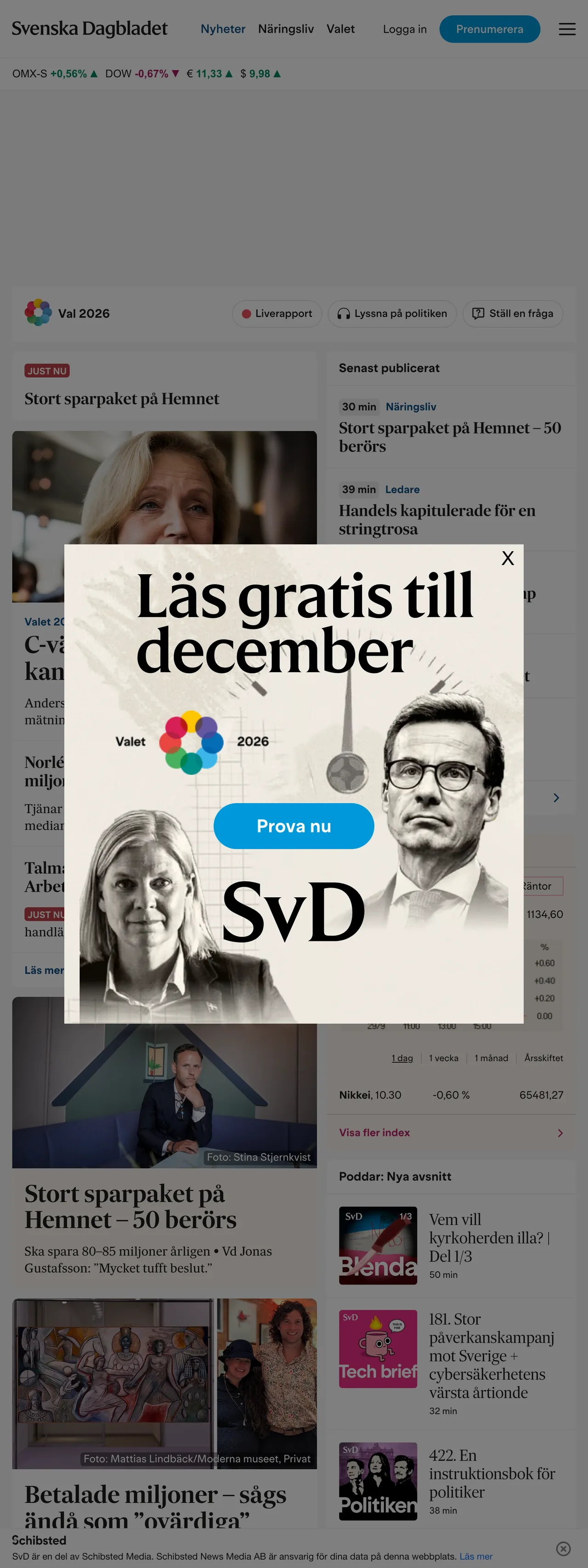 Screenshot of the Svenska Dagbladet front page