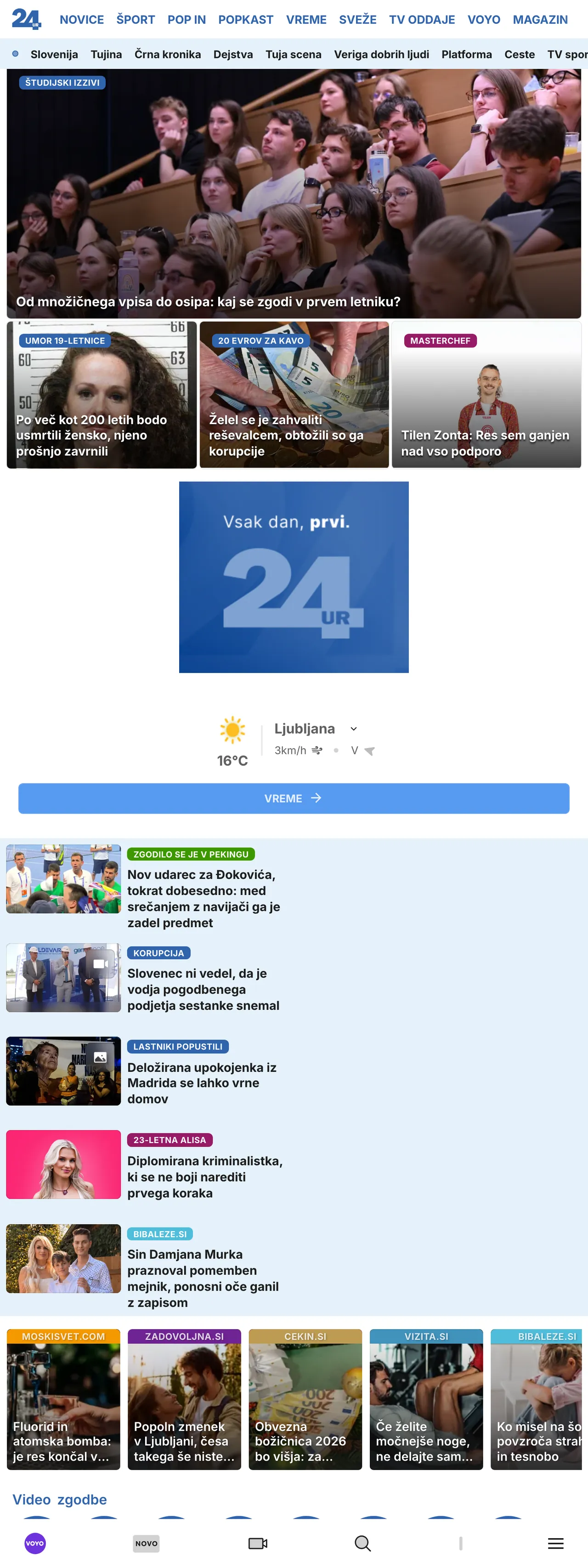 Screenshot of the 24ur front page