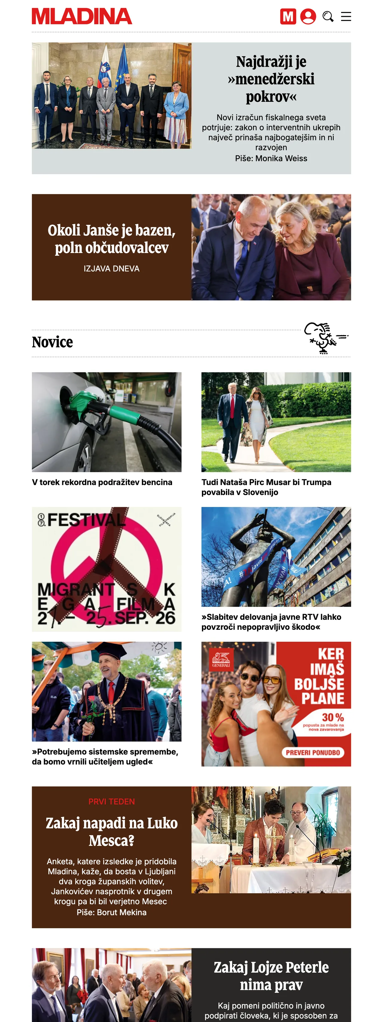 Screenshot of the Mladina front page