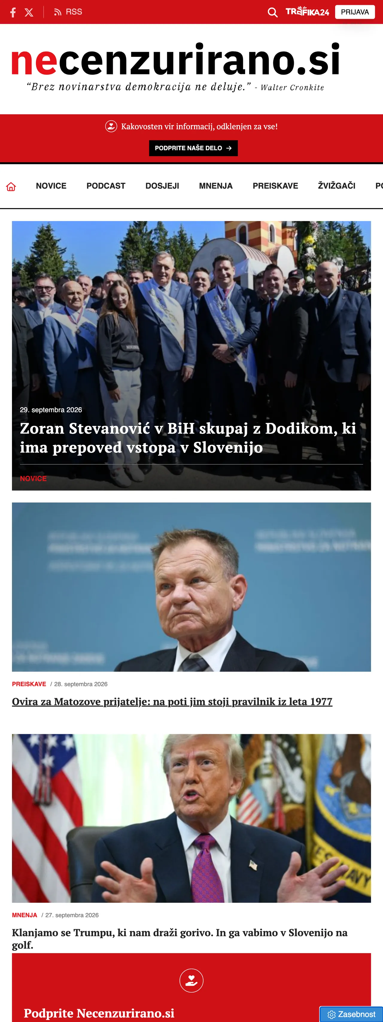 Screenshot of the Necenzurirano front page