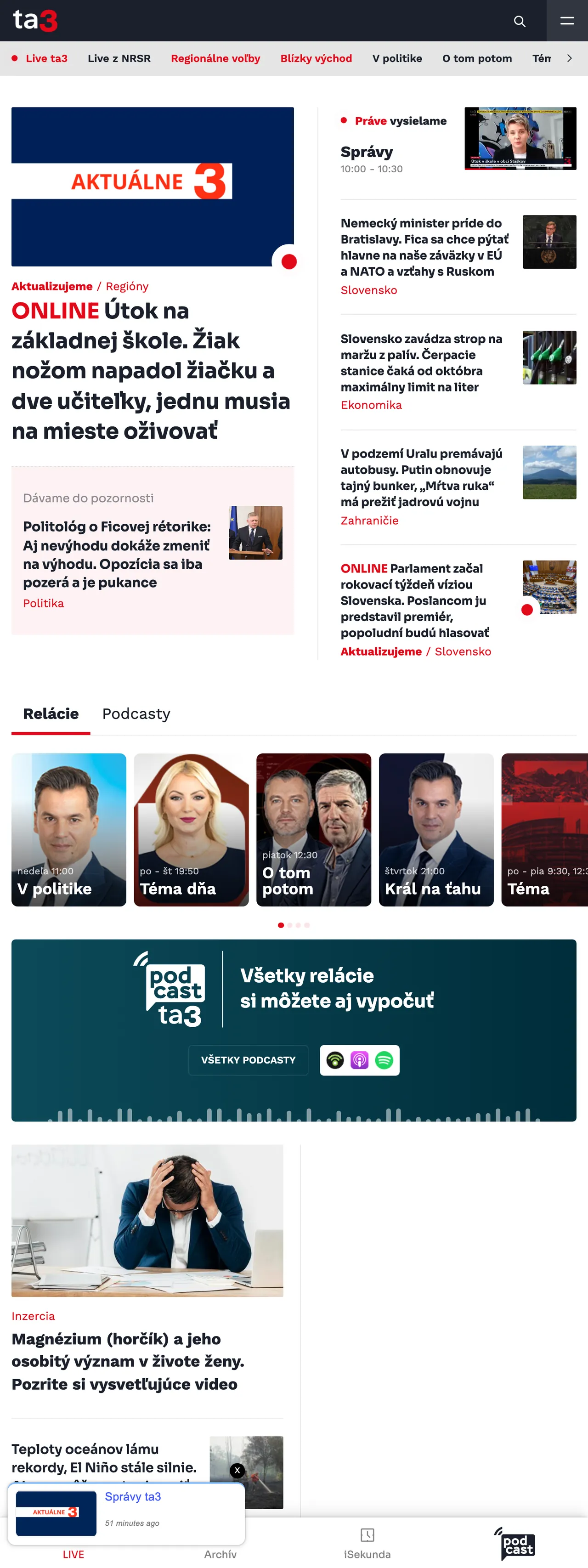 Screenshot of the TA3 front page