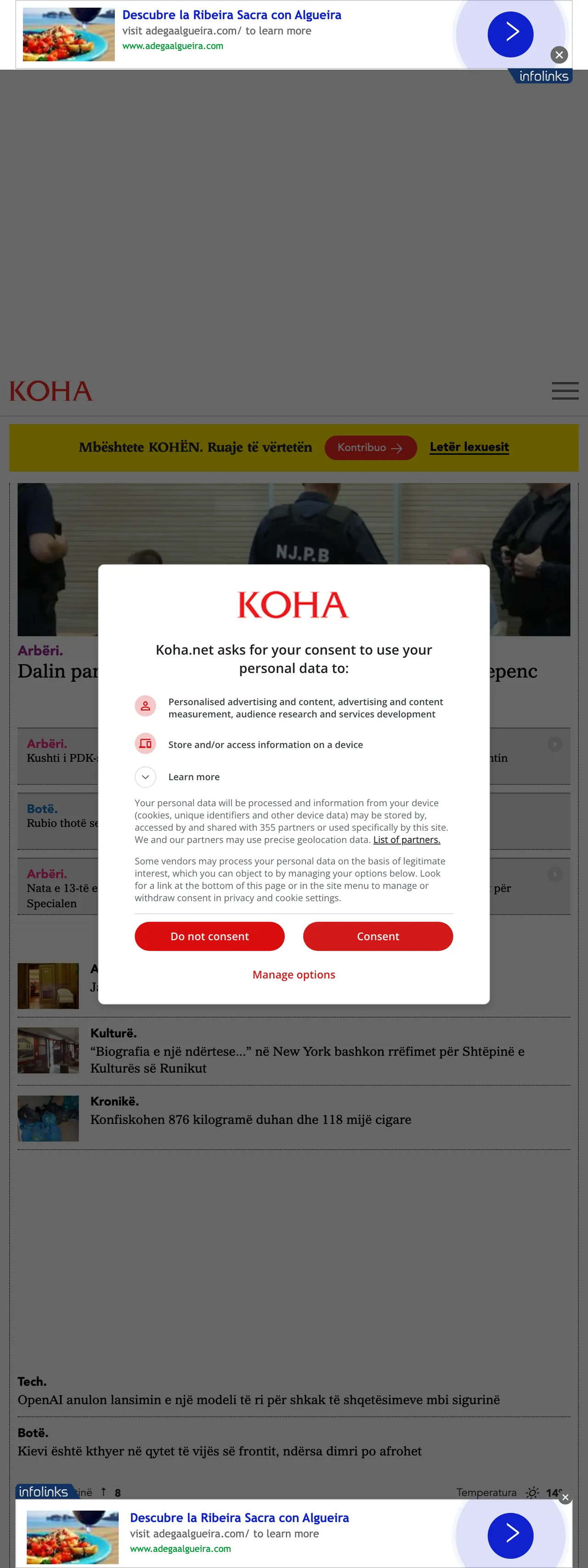 Screenshot of the Koha Ditore front page