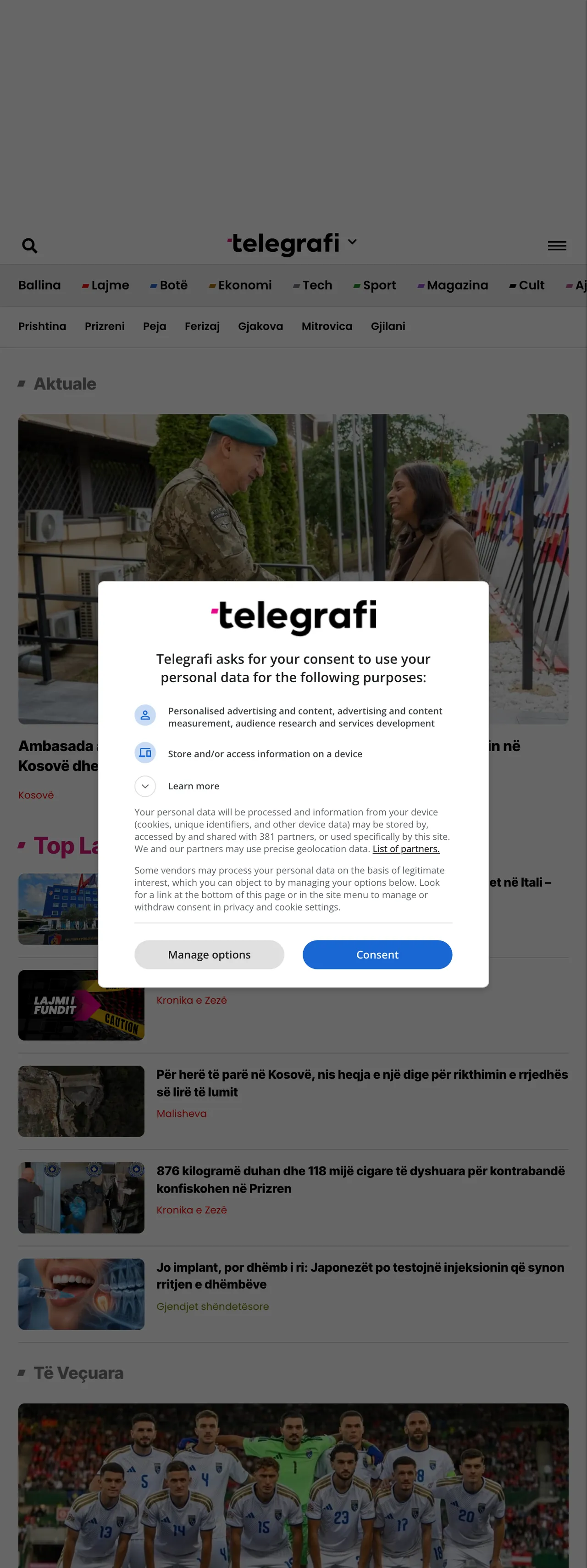 Screenshot of the Telegrafi front page