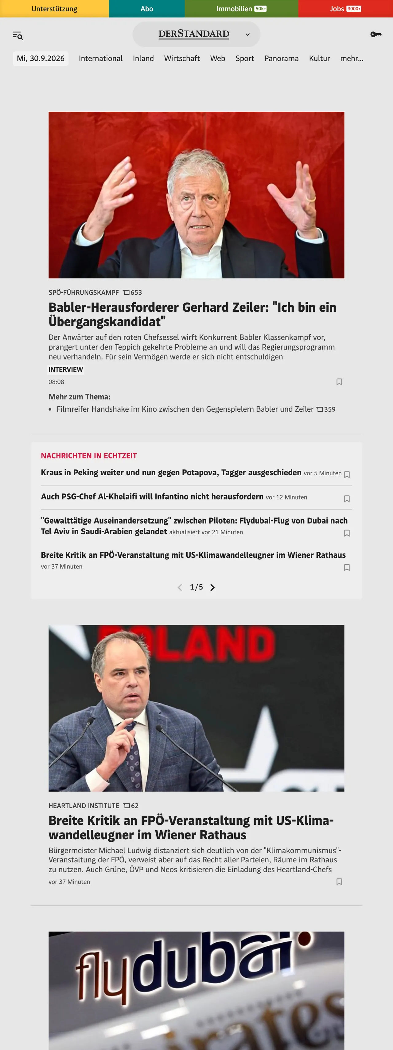 Screenshot of the DER STANDARD front page