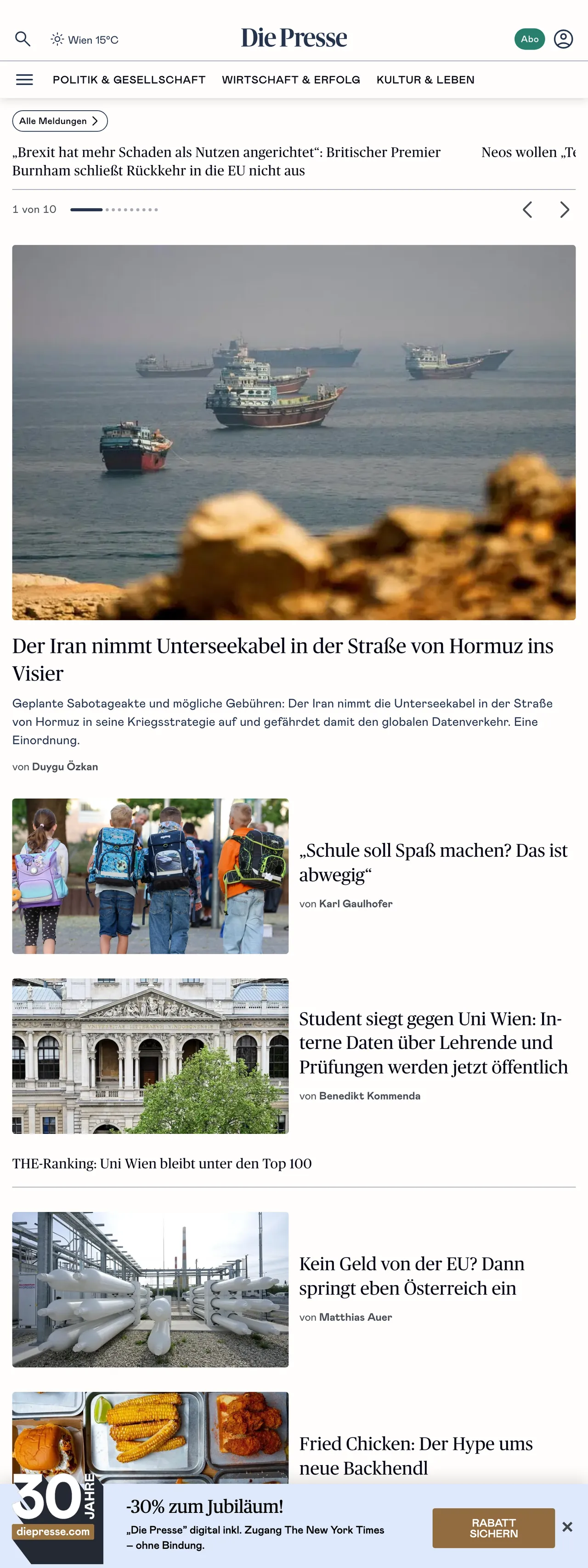 Screenshot of the Die Presse front page