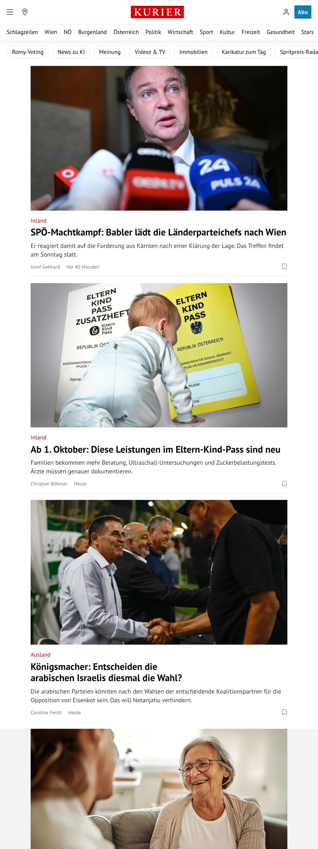 Screenshot of the Kurier front page