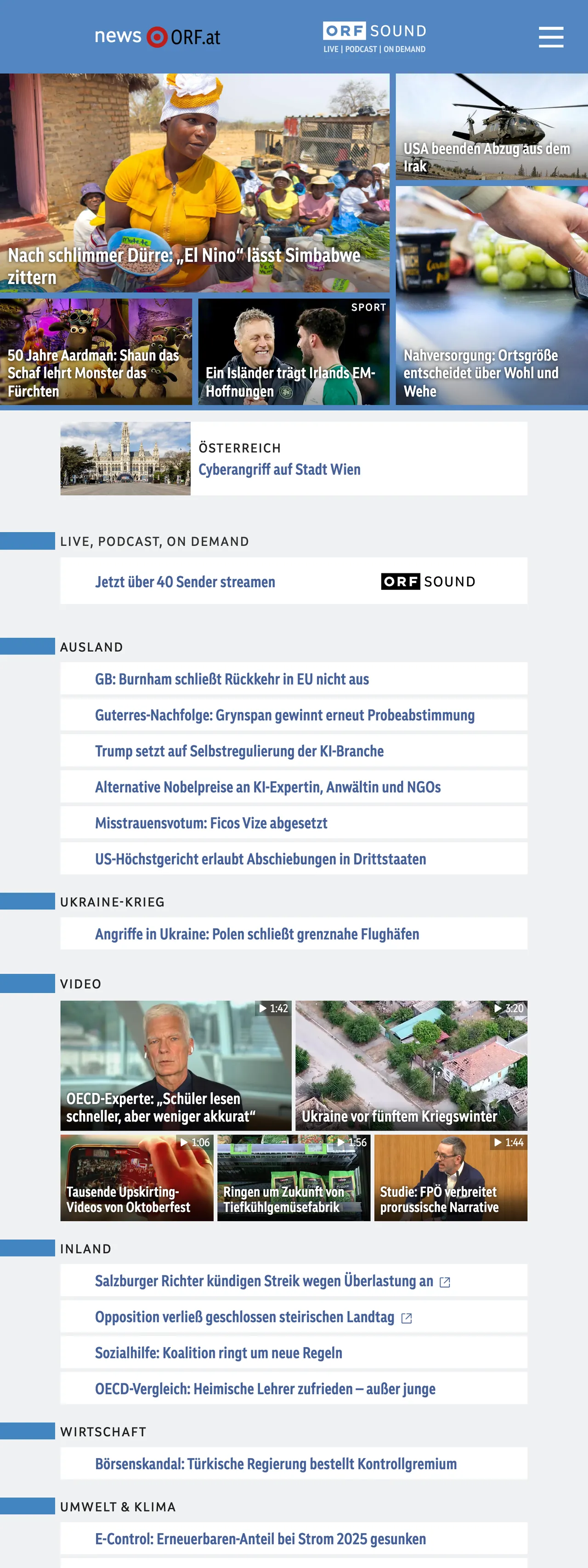 Screenshot of the ORF front page