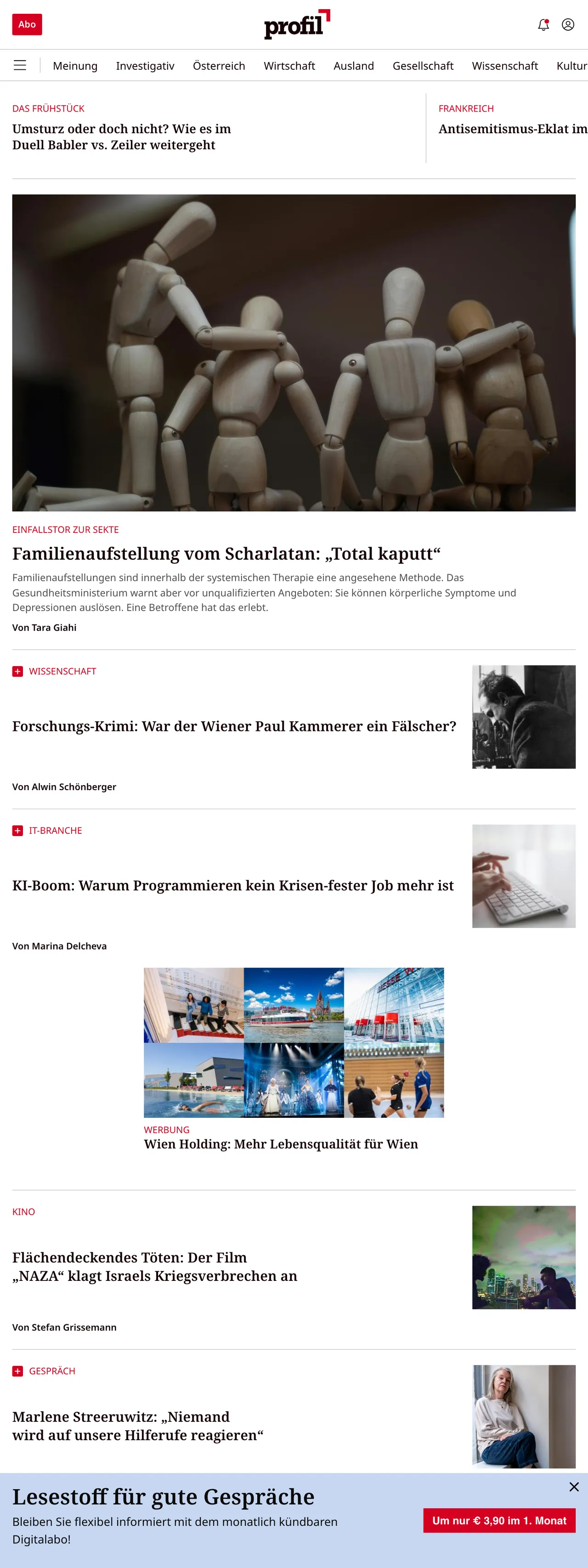 Screenshot of the profil front page