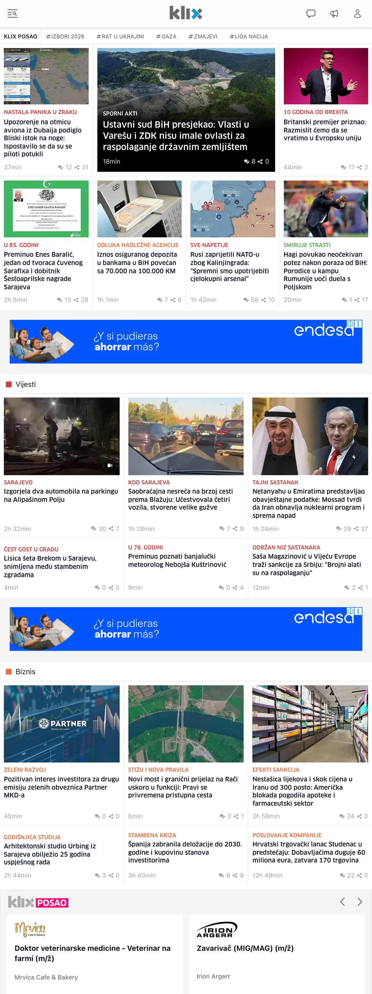 Screenshot of the Klix.ba front page