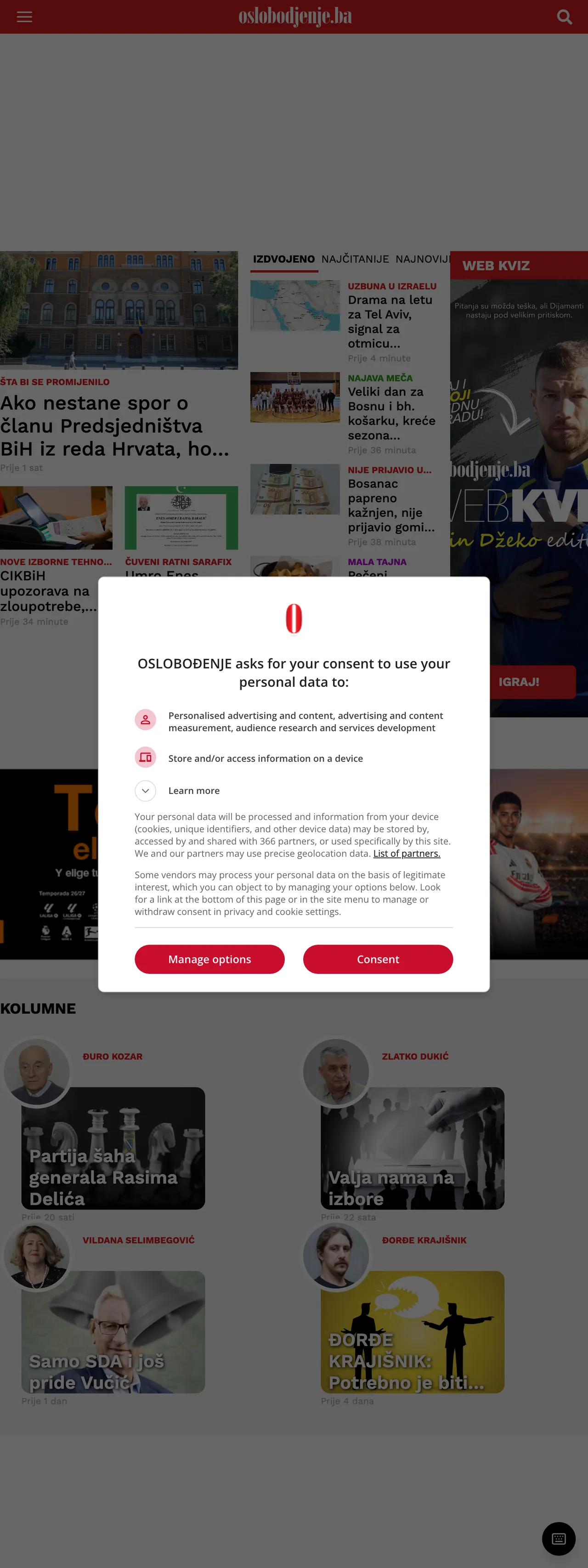 Screenshot of the Oslobođenje front page