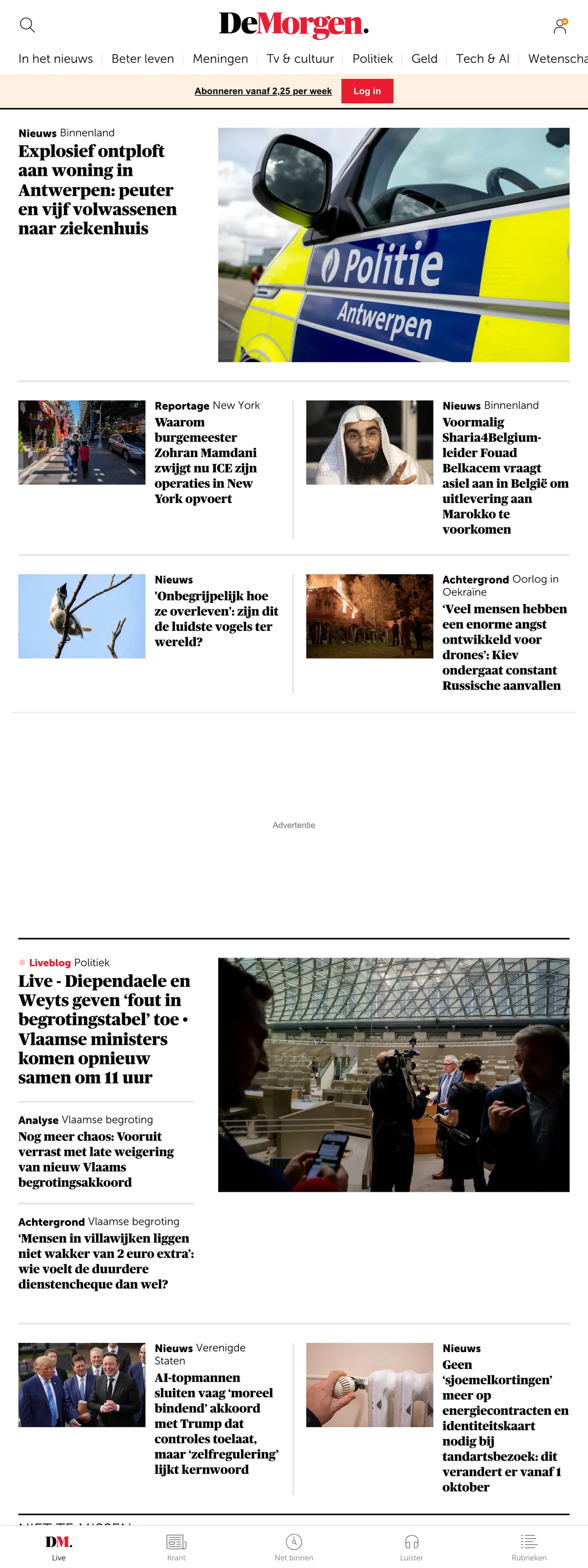 Screenshot of the De Morgen front page