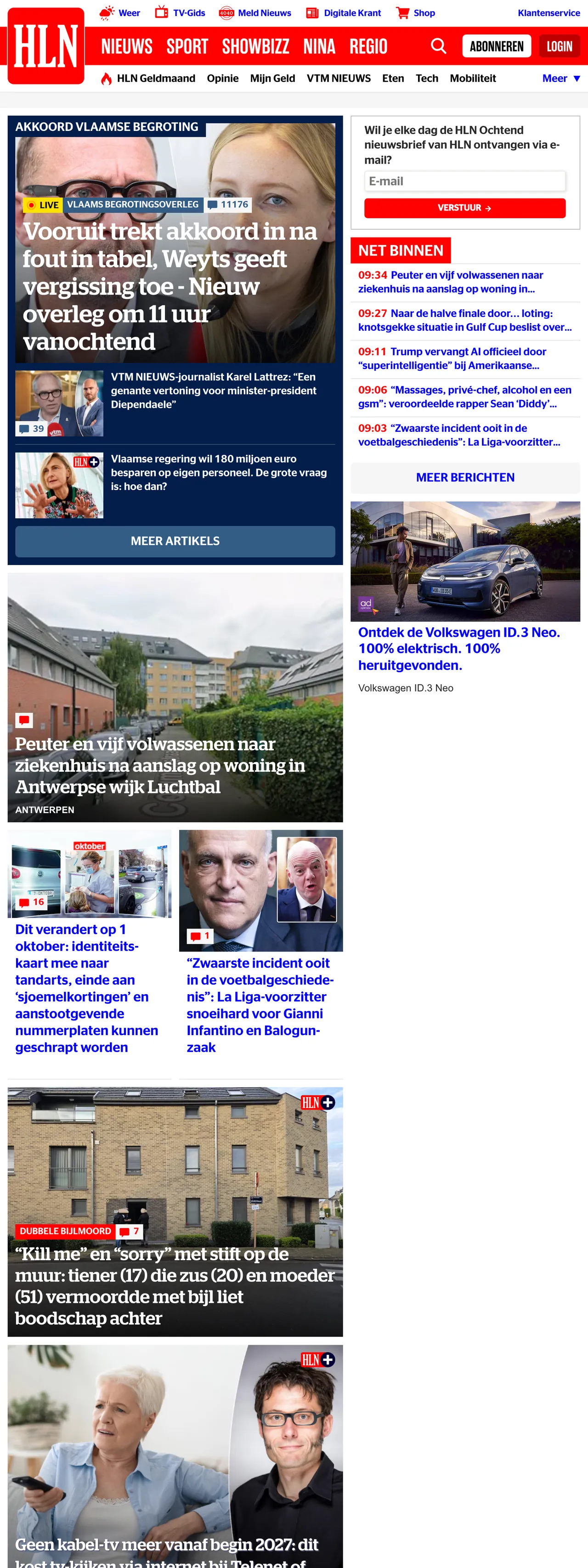 Screenshot of the HLN front page