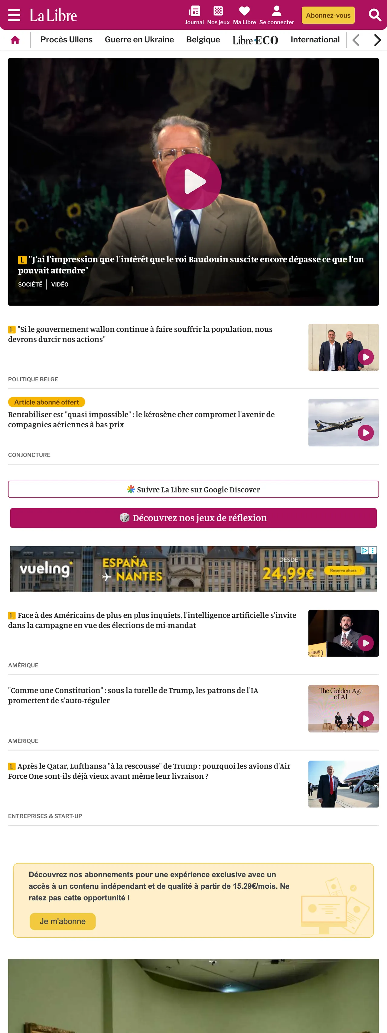Screenshot of the La Libre front page