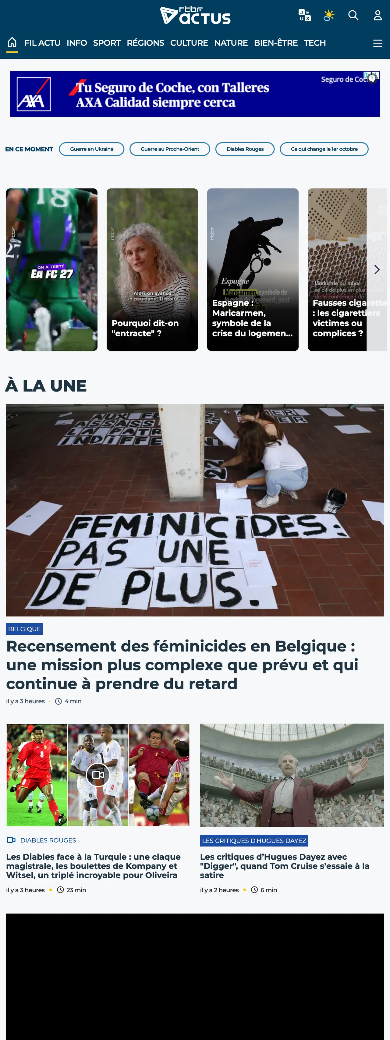 Screenshot of the RTBF front page