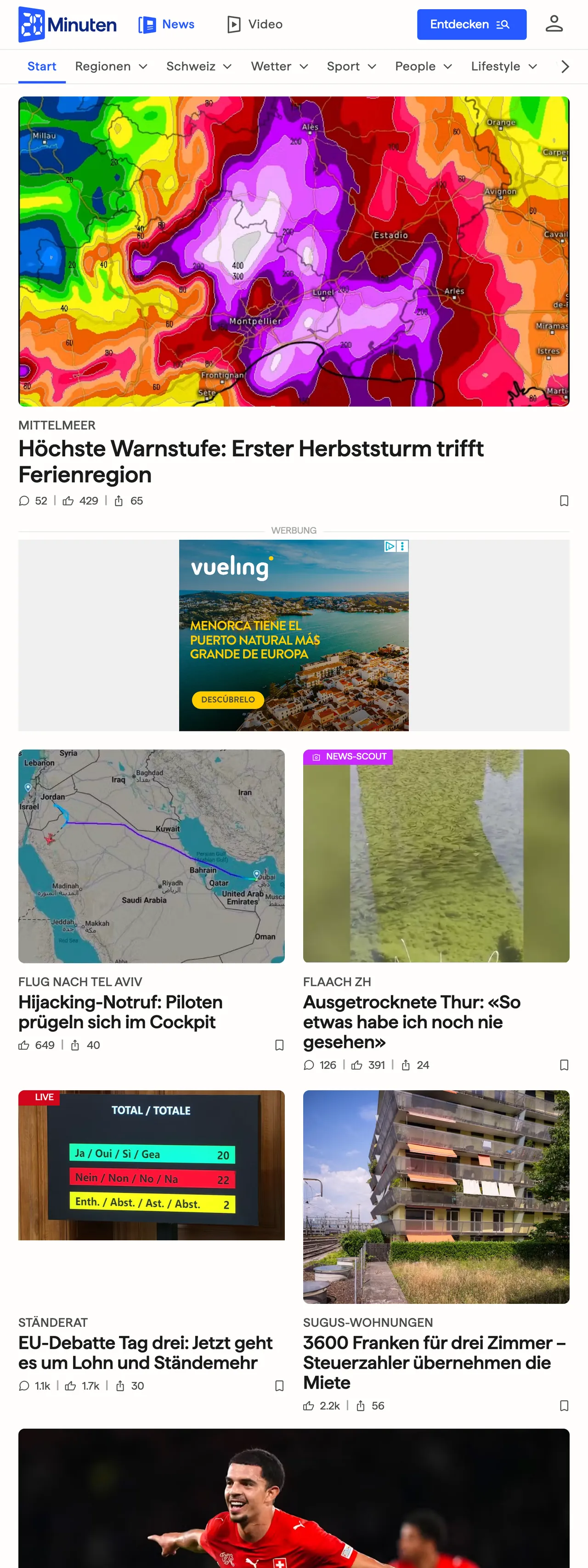 Screenshot of the 20 Minuten front page