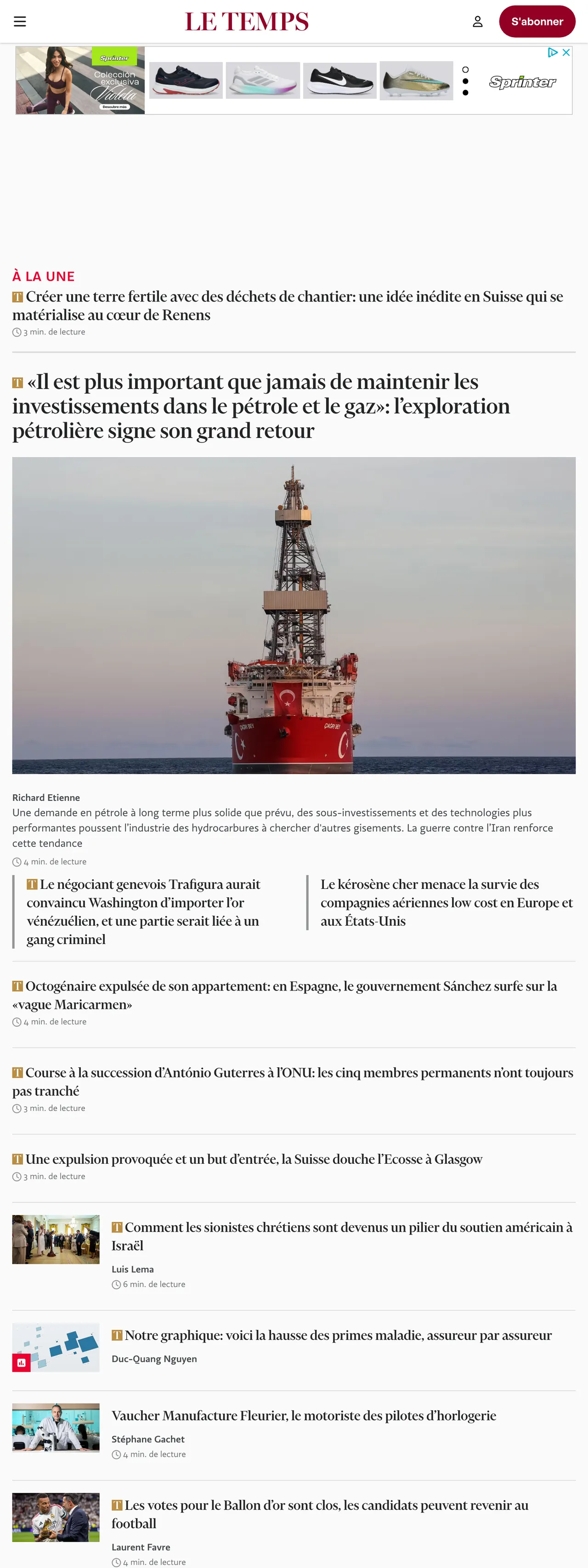 Screenshot of the Le Temps front page