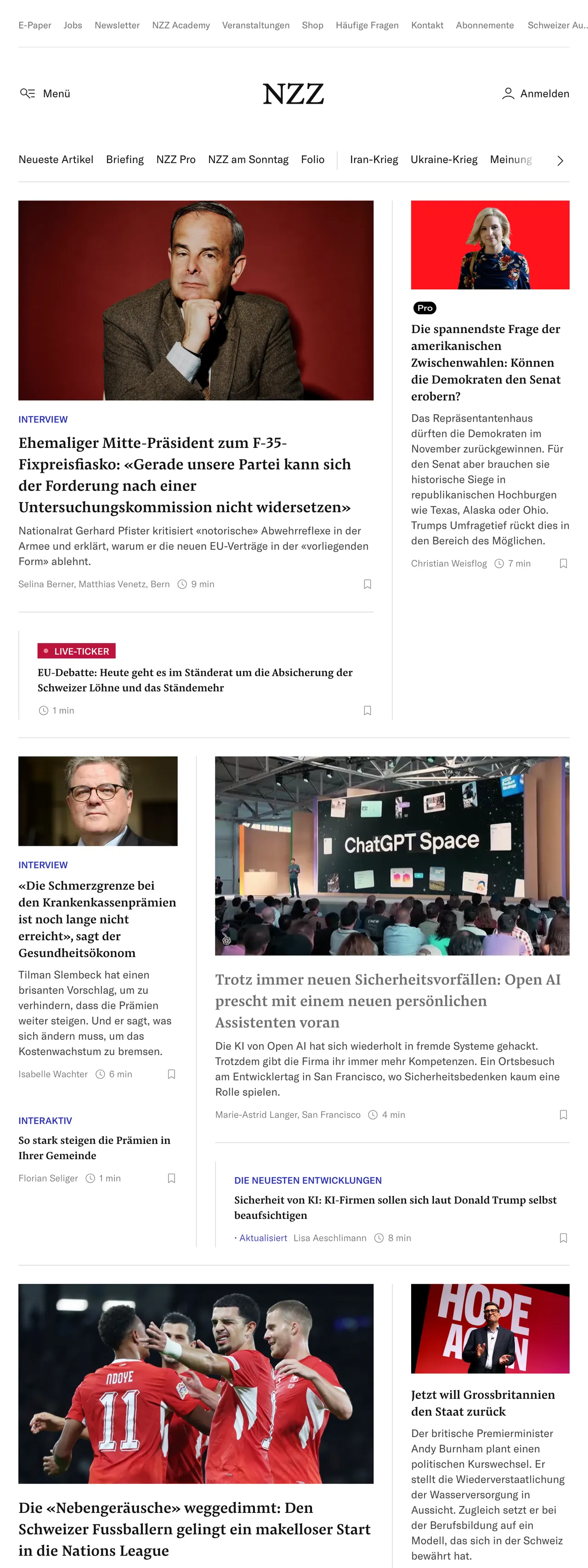 Screenshot of the Neue Zürcher Zeitung front page