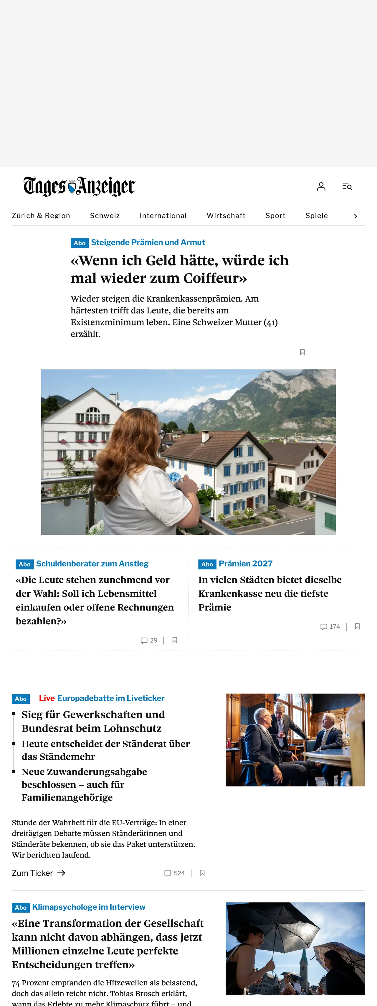 Screenshot of the Tages-Anzeiger front page