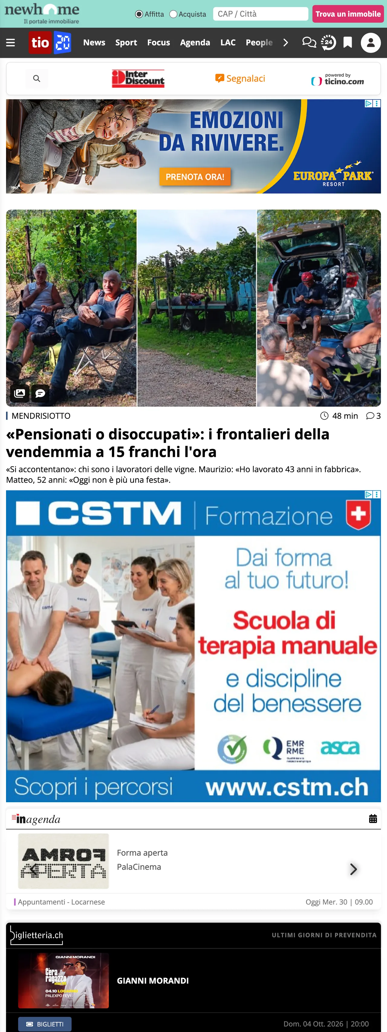 Screenshot of the Ticinonline front page
